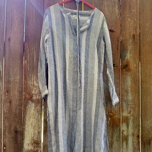 HAVEN Women’s Linen Blue White Gray Striped Long Sleeve Straight Fit Dress Small